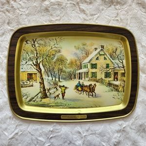 Currier and Ives Vintage Metal Tray American Homestead Winter Scene